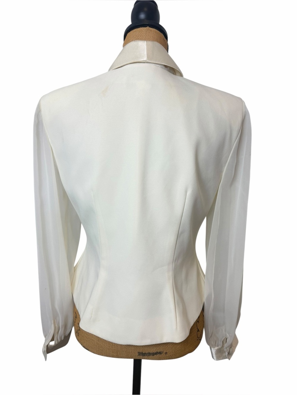 Vintage Ivory Satin Tuxedo Blazer Beaded Illusion Top Sheer Sleeve 10P - Picture 6 of 10